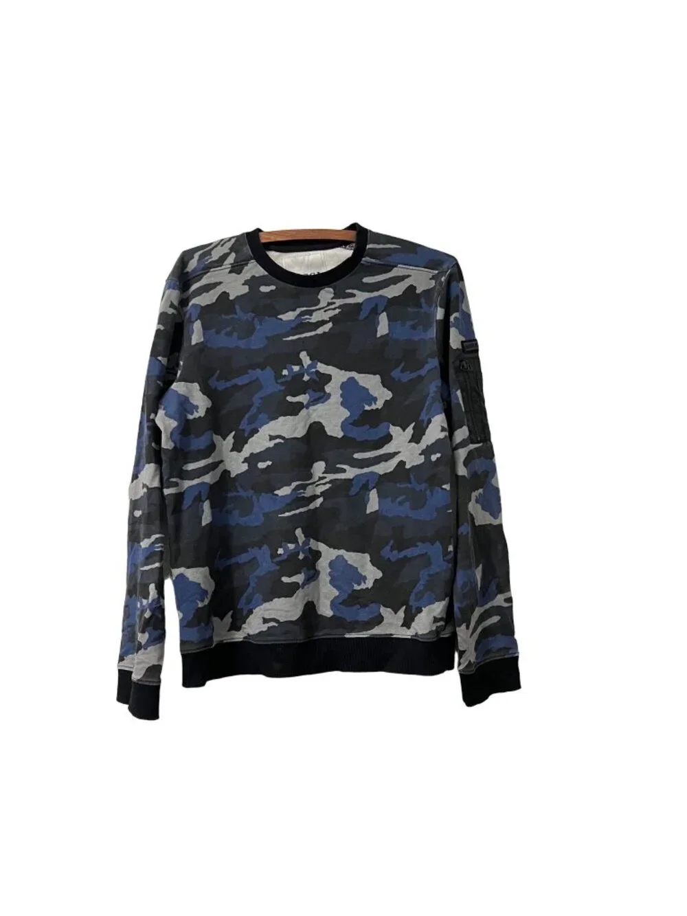 Forca Mens Blue Black Camo Amsterdam Zip Pocket Sleeve Crewneck Sweatshirt S